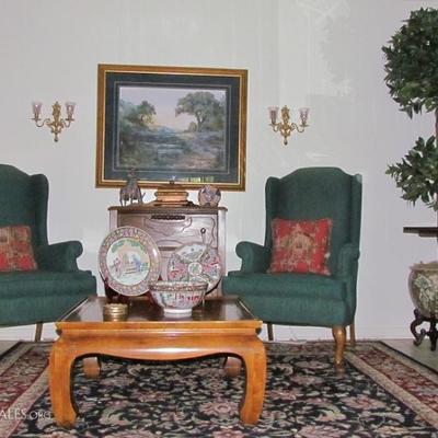 A view of the Family room:  Matching pair of Hickory Furniture Encore Queen Anne Wing Back Chairs, vintage 3-Drawer Depression Era Chest,...