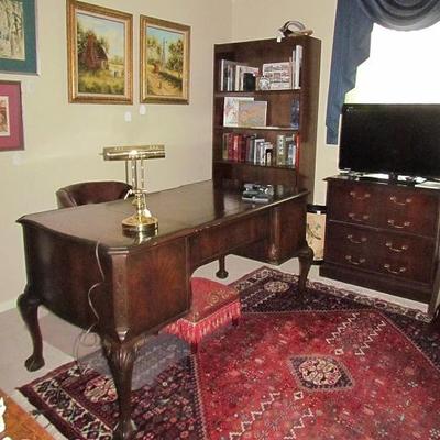 Office View: Heritage Claw and Ball Chippendale Style Bureau Plat Desk with Oriental Rug, Mahogany Finish Lateral File, Sharp 31"...