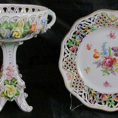 A. Carl Thieme porcelain factory - Dresden, Saxony Compote Intricately decorated with hand made and applied flowers around the...