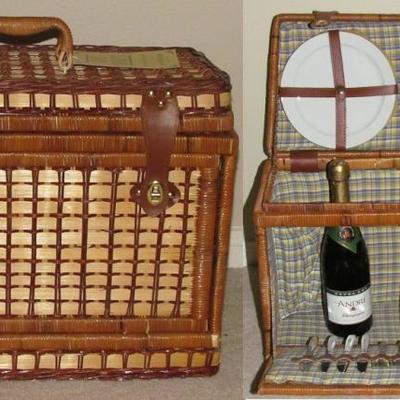 Home Concepts (New/Never Used) Picnic Basket Complete Service for 4 Plates, Cups and Utensils.  Champagne not included!! Closed & Open View.