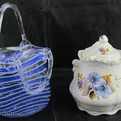 Blown Art Glass Blue Stripe Purse/Tote Bag Vase.   House of Webster Eastland Texas 