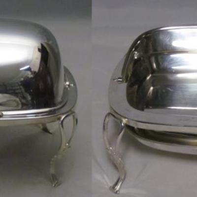 Vintage Silver Plate Footed Butter Dish with Hinged Dome Lid.  Open and Close View Shown