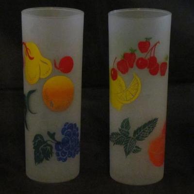 Mid-Century Hand Painted Fruit Satin Glass Tom Collins Tumblers (Set of 4) 