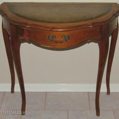 Vintage Mahogany French Provencial Style Demi' Lune Table with Leather Insert Top and Faux Drawer Front (32