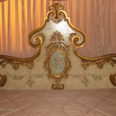 Italian Rococo Style Guild and Floral King Size Headboard with Hand Painted Center Floral Crest
