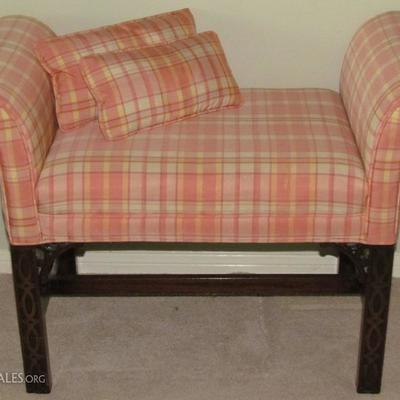 Scroll Arm Bench in Plaid Upholstery raised on Mahogany Legs with Fretwork Design as Corner Support