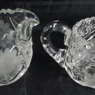 Antique Cut Crystal Sawtooth Edge With Acid Cut Floral Pattern Creamer and Open Sugar