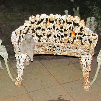 Cast Iron Vintage Garden Bench and 2 Vintage  Cast Aluminum Side Chairs