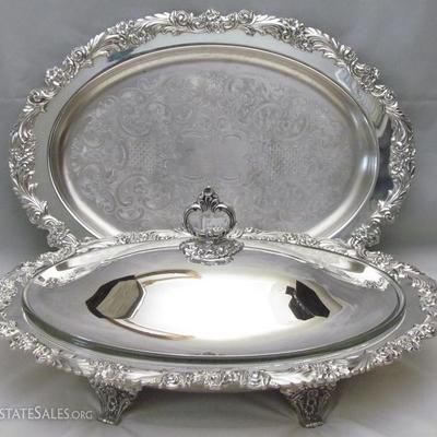 Reed and Barton Silver Plate Tray, Oval Footed Server with Glass Insert and Dome Lid