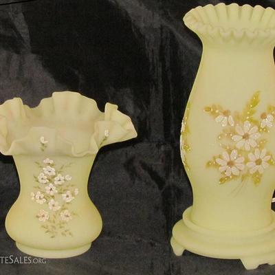 Fenton Hand Painted Satin Glass Custard Vase and Hurricane Electric Lamp