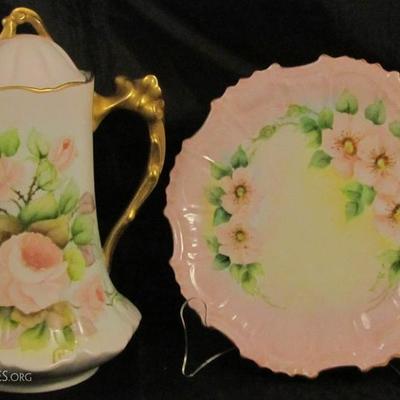 Hand Painted Pink Roses Porcelain Coffee Server and Plate