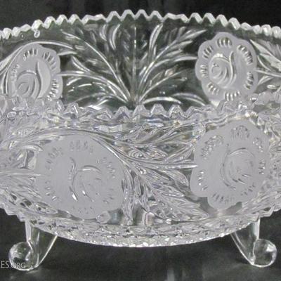 Lead Crystal Etched Cut Roses 3-Footed Crystal Bowl (8.25