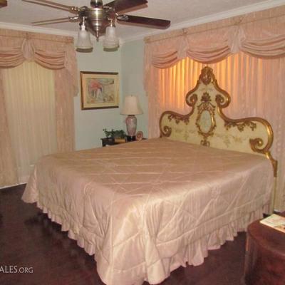 Master Bedroom with Italian Rococo Style Headboard:  Custom Draperies and King-size Bedspread