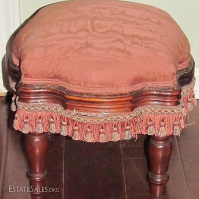 Great Small Antique Footstool Reupholstered in a Moiré' Taffeta with Braided Fringe Trim