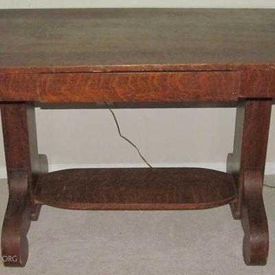 Antique Empire Tiger Oak Library Table with Center Drawer and Lower Tier Shelf