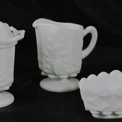 Westmoreland Paneled Grape Spooner with Lid, Pedestal Cream Pitcher and Oval Nut Dish.