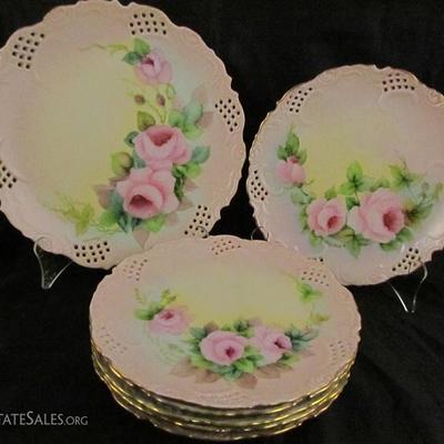 Hand Painted Roses Porcelain Dessert Set.  Cake/Torte Plate with 6 Luncheon/Salad Size Plates