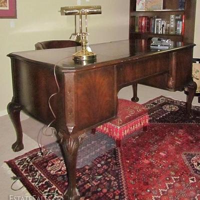 Office View: Heritage Claw and Ball Chippendale Style Bureau Plat Desk with Oriental Rug
