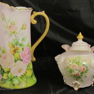 Hand Painted Pink Roses Porcelain Tankard Pitcher and Biscuit Jar