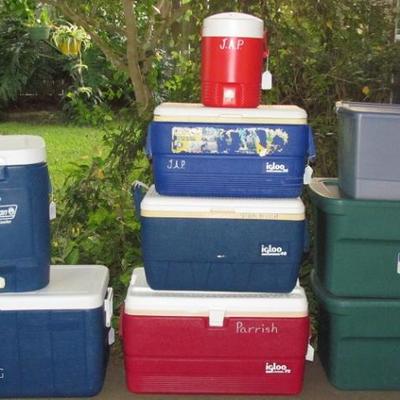 Various Sizes of Igloo and Coleman Coolers and Various Sizes of Storage Crates