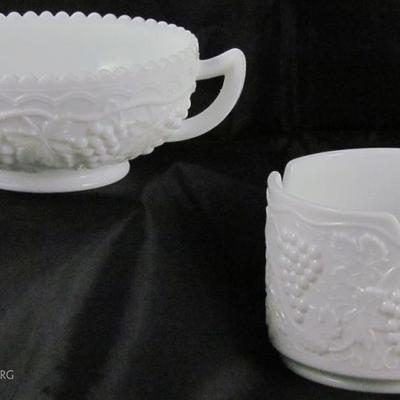 Imperial Glass "Vintage Grape" Milk Glass One Handled Nappy and Ivy Tower Bowl