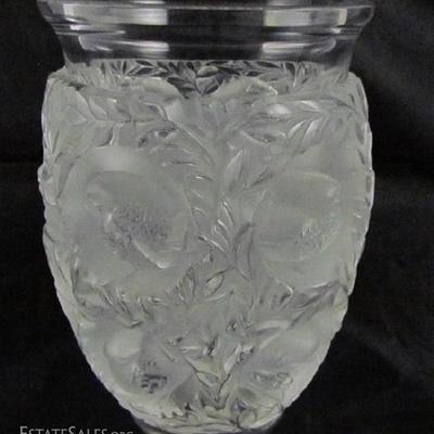 Lalique Crystal  Bagatelle Frosted Crystal Vase with birds in deep relief. Designed by Renee Lalique in 1939. Measurements: 5