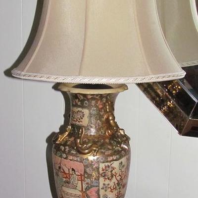Vintage Hand Painted Table Lamp with Geishas and Ornate Gold Trim, Applied Komodo Dragons and Foo Dog Handles and Silk Shade (1 of 2)