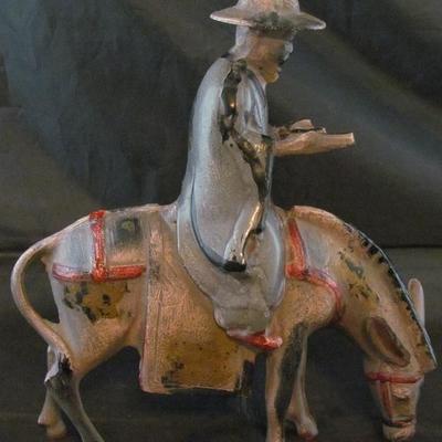 Antique Cast Iron Enamel Hand Painted Oriental Scholar on Donkey (11.5