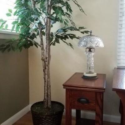 Faux Tree, Side Table and Antique Cut Glass Lamp