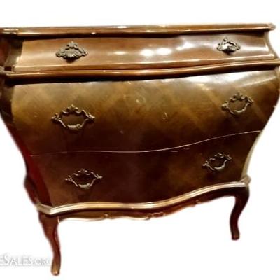 ROCOCO PARQUETRY BOMBE CHEST WITH BRASS PULLS