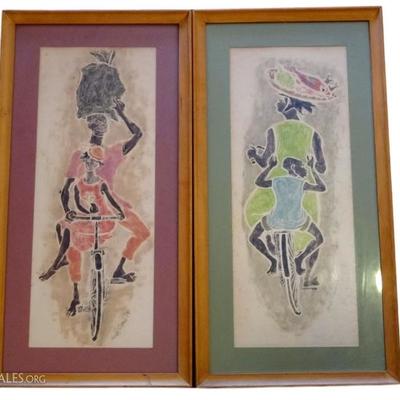 2 MOYA COZENS WOODCUT COLORED PRINTS, WOMEN AND CHILDREN ON BICYCLES, 1950's JAMAICAN MODERNIST POP 