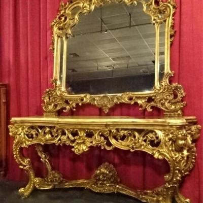 LOUIS XIV STYLE ROCOCO CONSOLE TABLE AND MIRROR IN GOLD GILT WITH ONYX TOP
