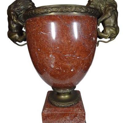 LARGE RED MARBLE URN WITH BRONZE LION HANDLES