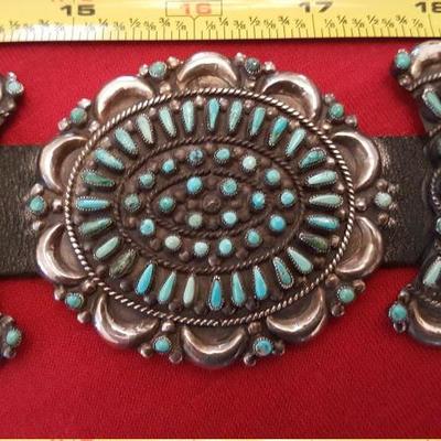 Zuni Petit Point Belt in Sterling and Turquoise 610 gr initials V.M.B. (homeowner has set a reserve price)