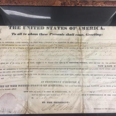 Original U.S. land grant signed President Martin Van Buren