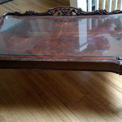 Mahogany Coffee Table with Glass Top and Fretting