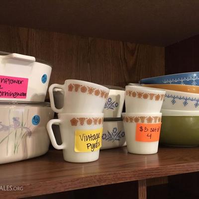 Vintage Pyrex & Corningware Mugs, Mixing Bowls, Casserole Dishes w/Glass Lids