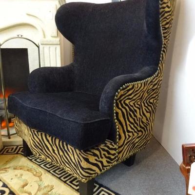 PAIR HORCHOW NEIMAN MARCUS WING CHAIRS WITH ANIMAL PRINT ACCENT