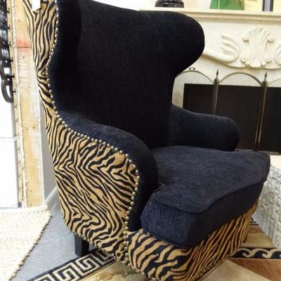 PAIR HORCHOW NEIMAN MARCUS WING CHAIRS WITH ANIMAL PRINT ACCENT