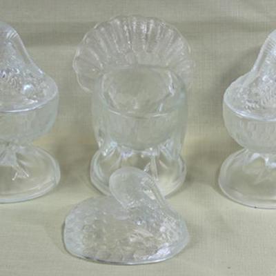 Three glass lidded dishes in shape of turkeys,  perfect for cranberry sause, stuffing approx.   7.5