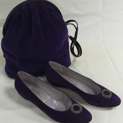 Purple leather handbag, and shoes made in Italy.  Shoes are made  by Salvatore Ferragamo, and  handbag is made  by Scepi
