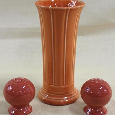Fiestaware vase with salt and pepper shaker. Vase  is 7.5