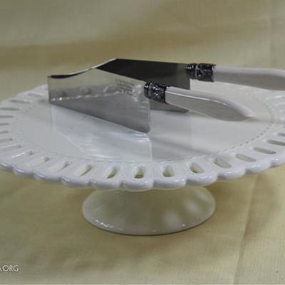 Round  porcelain cakestand by PS portmeirion  studio and a double stainless steel cake cutter  knife.  Cakestand is 3.5