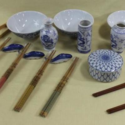 Box lot of Japanese dishes with bamboo chopsticks  8 pairs. Vases are 4