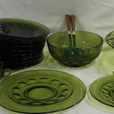 Vintage green glass set of dishes, salad bowl (4