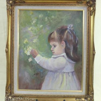 Frame oil on canvas girl with flowers, signed  Hargis 25.5