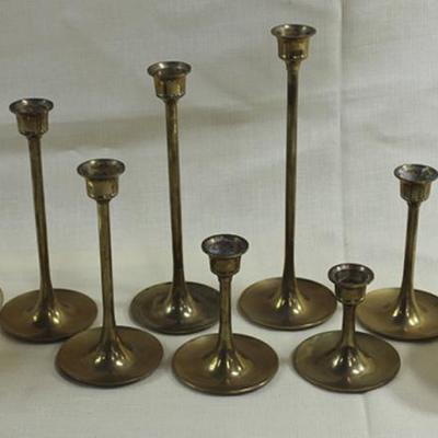 Box lot of brass candle sticks,  tallest one is 9