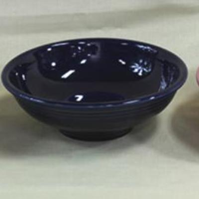 Three large navy blue, gray and rose color  porcelain Fiestaware serving dishes. Two are 11
