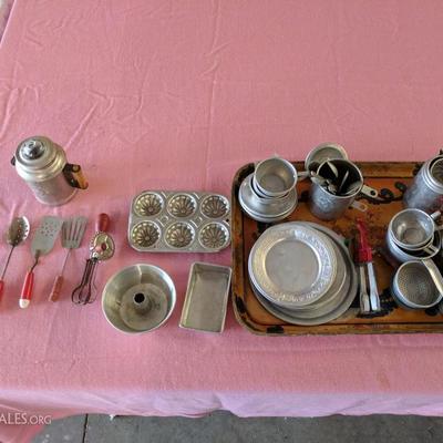 Child's kitchen ware including mixer, tools and coffee pot