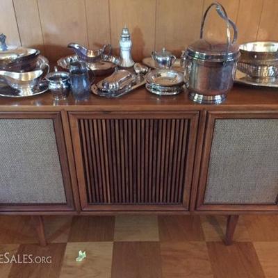 Stereo Cabinet and Silverplate Items